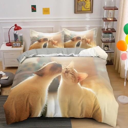 Kiss Lover Cat Duvet Cover Cute Animal Luxury Queen King Bedding Set For Kids Adult Euro Size Bedclothes