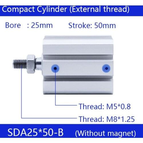 SDA25*50-B Free shipping 25mm Bore 50mm Stroke External thread Compact Air Cylinders Dual Action Air Pneumatic Cylinder