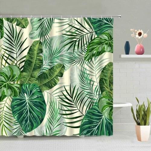 Tropical Green Plant Palm Leaf Bathroom Shower Curtains Summer Jungle Fabric Waterproof Hooks Hanging Curtain Bath Screen Decor