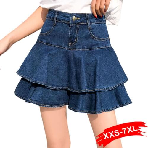 Plus Size Women Basic Layered Ruffles Pleated Mini Denim Skorts 3Xl 5Xl Summer Streetwear GirlS Cake Short Jeans Skirts Mujer