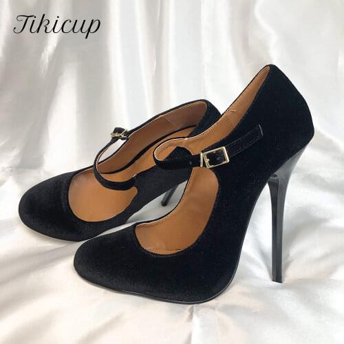 Tikicup Classic Style Women Flock Mary Jane High Heels Sythetic Suede Stilettos Pumps Elegant Ladies Dress Shoes Plus Size 37-46