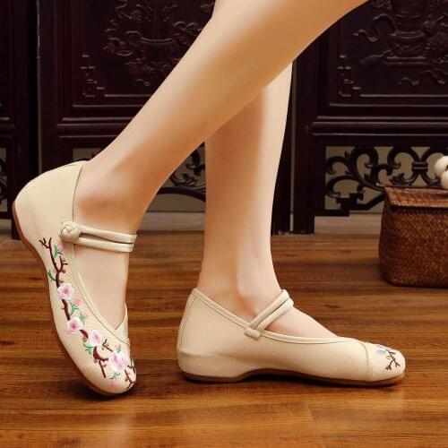 Vintage Plum Flowers Embroidered Ladies Canvas Ballets Shoes Low Top Comfort Fabric Casual Mary Janes Flats For Women