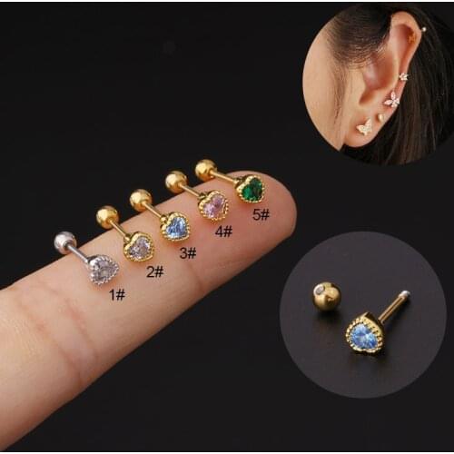 1PC Multicolor CZ Heart Mini Stud Earrings for Women Stainless Steel Helix Tragus Snug Conch Cartilage Earrings Piercing Jewelry