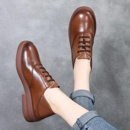 YourSeason Ladies Genuine Leather Vintage Pumps 2021 Spring Autumn Concise Shallow Casual Women Lace Up Shoes Handmade