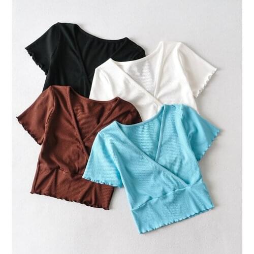 BRADELY MICHELLE 2021 Summer NEW Arrival Women Deep V-Neck Sexy Solid Color Fashion Causal Crop Top Short Sleeve