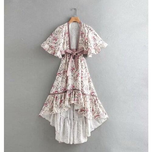 2019 European and American womens bohemian summer dress Slim V-neck flower flower print bow tie irregular dress