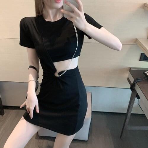 Temperament Girl High Waist Tight Sexy Bag Hip Hollow Out One Piece 2021 New Spring Summer Clothes Korean Ladies Punk Goth Dress