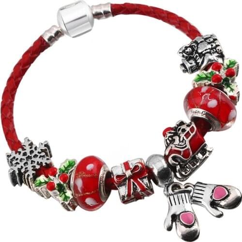 2021 Red Leather Cord Bracelet Christmas Gift Jewelry Charm Lady Bracelet with Bead Pendant Brand Bracelet Gift Direct Delivery