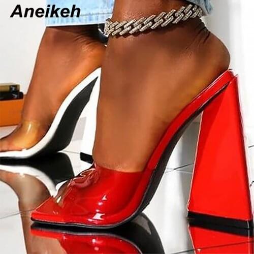 Aneikeh NEW 2021 Ladies Slippers Party Transparent PVC Triangle 11CM Thick Heels Women Mules Summer Sexy Head Peep Toe Slides