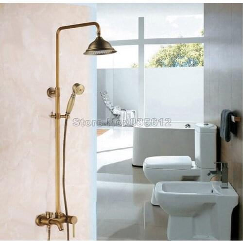 Antique Brass Bathroom Rain Shower Faucet Set Wall Mounted Single Handle Mixer tap + Large Shower Head + Hand Spray Wrs181
