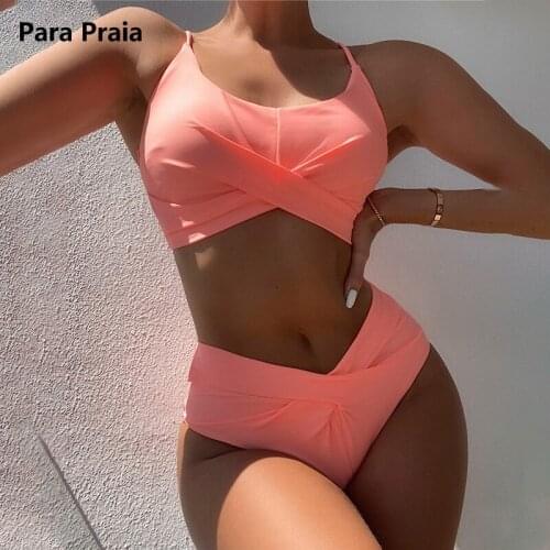 Para Praia 2021 Cross Bikini Women Swimsuit 12 Colors Sexy High Waist Swimwear Push Up Bikini Bandeau Swimsuit