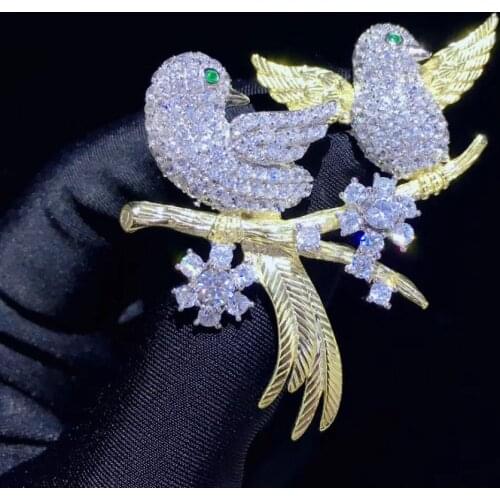 Double birds brooch 925 sterling silver with cubic zircon cute romantic fine women jewelry pave stone high quality