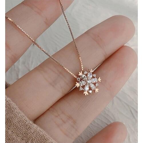 Exquisite Rose Gold Plated Filled Zircon Snowflake Pendant Necklace Charming Crystal Chain Birthday Xmas Gifts FOR Women Jewelry