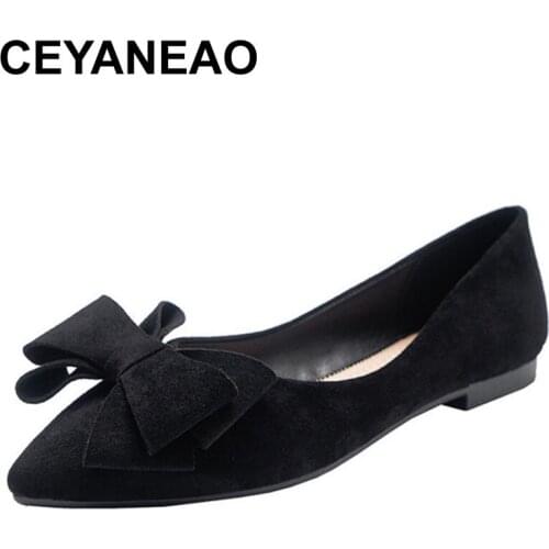 CEYANEAOLarge Size 42 Spring Bow Flats Shoes Woman Butterfly-Knot Ballets OL Office Shoes Pointed Toe Shallow Slip On Foldable