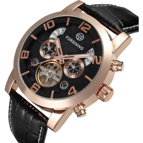 Forsining Tourbillion Fashion Wave Black Golden Clock Multi Function Display Mens Automatic Mechanical Watches Top Brand Luxury