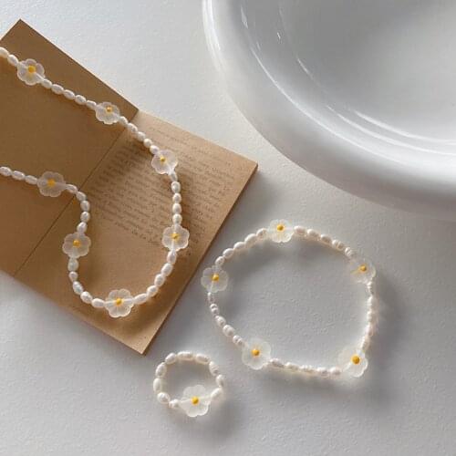 Korean Sweet Freshwater Pearls + Transparent Small Daisy Flowers Bead Ring &Bracelet &Necklace Jewelry 3 Set Gift for Girlfriend