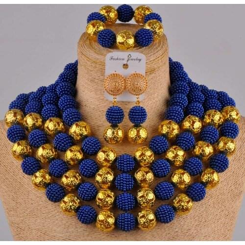 Royal blue simulated pearl african jewelry set nigerian beads costume necklace for women FZZ27
