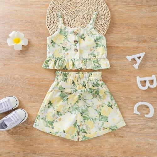 Lovely Baby Girls Floral Print Clothes Set Sleeveless Ruffle Hem Cropped Tops + Short Skirt with Bow-knot Sunsuit 1-6T