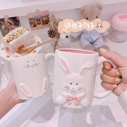 Cute pink three-dimensional rabbit ceramic cup teacup couple mark cup honey gift to send spoons coffee mug