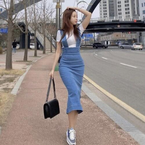 Korean Fashion Bodycon Denim Sundress Women Sleeveless Suspenders Dresses Ladies Slim Waist Jeans Dress Vestidos
