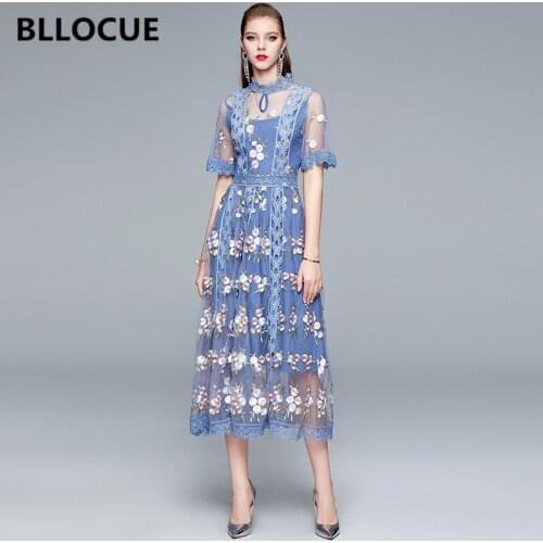 BLLOCUE High Quality Summer Mesh Embroidery Splice Water Soluble Flower Dress New Women Stand Collar Short Sleeve Vintage Dress