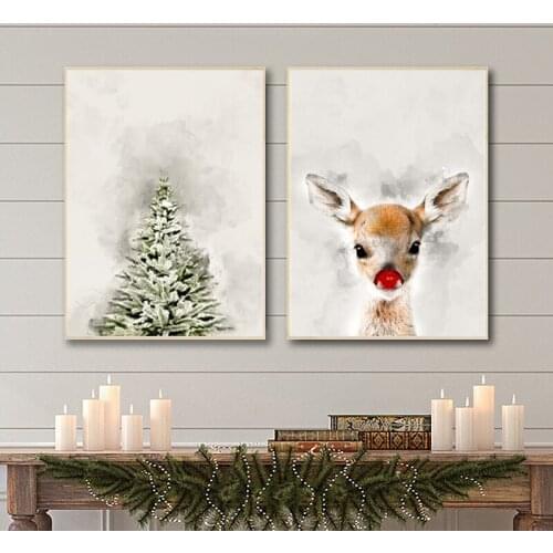 Christmas Decoration Rudolf The Red Nose Deer Art Prints Pine Tree Winter Canvas Painting Nursery Wall Pictures Christmas Gifts
