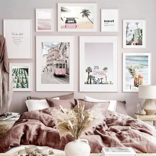 Pink Vintage Cityscape Canvas Poster Nordic Art Print Train Architecture Beach Landscape Painting Decorative Picture Home Decor