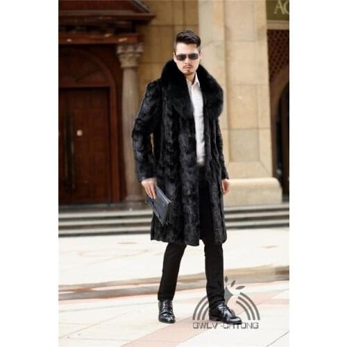 New fashion men real genuine natural mink fur coat with big fox fur collar warm winter jacket outwear overcoat custom any size