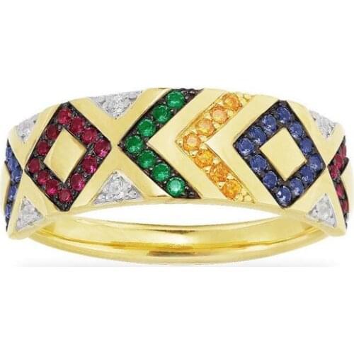 SOELLE Fashion Real 925 Sterling Silver Yellow Gold Color Multicolor Zirconia Ceometric Pattern Tribel Ring Women Mana Jewelry