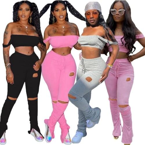 Y2K Streetwear Sexy Bandage Blue Co-ord Suits 90s Fashion Drawstring Halter Top and High Waist Hole Flare Pants 2 Piece Set