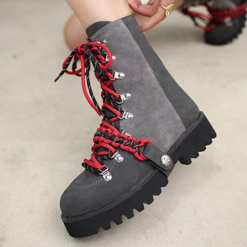 All Match Cross Tied Flat With Genuine Leather Women Boots Platform Round Toe Thick Sole Shoes Zipper Flat With Martin Boots