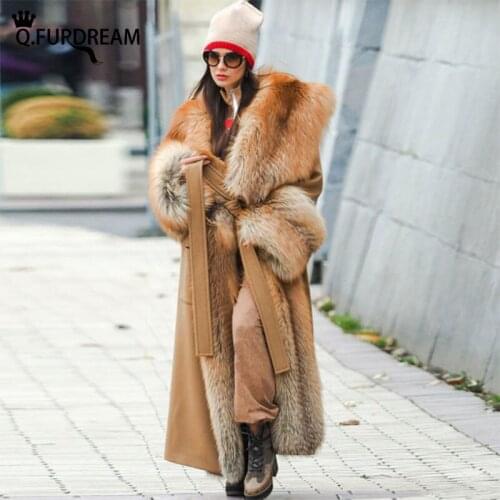 Q.FURDREAM New Long Woolen Coat Real Red Fox And Sliver Fox Fur Turn-down Collar Winter Fashion Warm Luxury Elegance Clothing