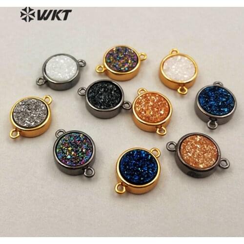WT-C226 Wholesale Natural Titanium Coated Quartz Pendant Plating Gold Double Hoops Round Shape Connector For Jewelry DIY Making