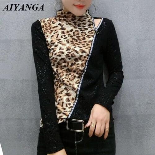 New 2018 Autumn Winter Long Sleeve T-Shirts Women Plus velvet Off Shoulder Fashion Leopard print T Shirts Ladies Slim T Shirt