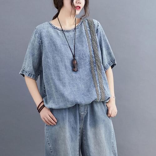 2021 Summer Arts Style Women Short Sleeve Loose T-shirt Patchwork Plaid Denim vintage Tee Shirt Femme Casual Tops Big Size