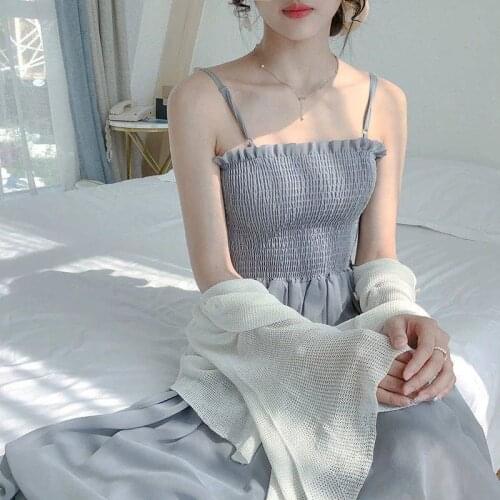 Summer French retro gentle wind style self-cultivation temperament suspender long skirt over the knee solid suspender dress