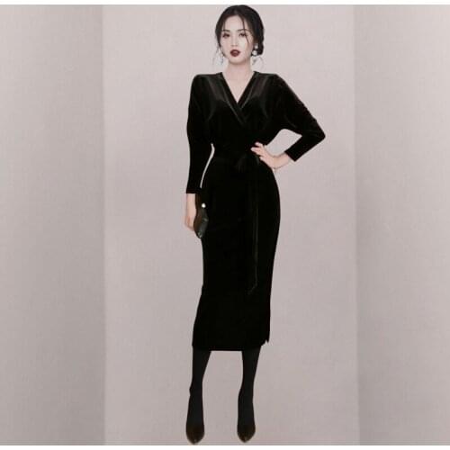 Women Autumn Long Sleeve V-neck Party Dresses Sheer Elegant Bodycon Velvet Dress Female Streetwear Corset Dress Robes Vestido