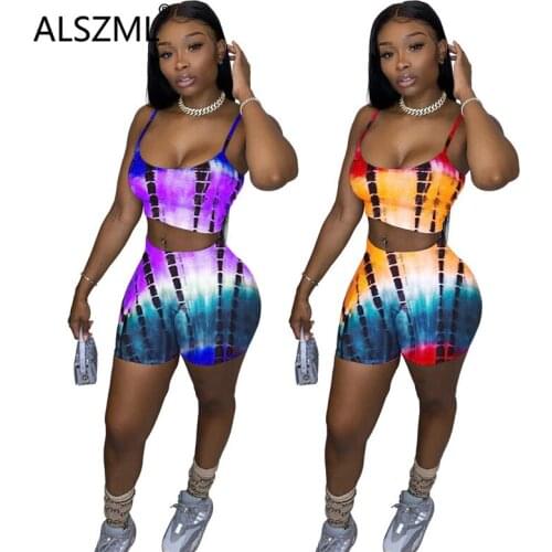 Women Strap Print Crop Top And Shorts Set Skinny Fashion Party Club 2 Pieces Outfits