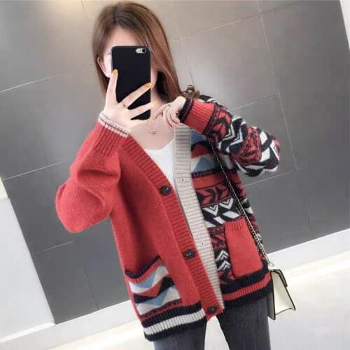 2021 Fashion Korean Version Womens Knitted Cardigan Loose Long Sleeve Vintage Sweater Ladies Clothes V-neck Buttons Jacquard