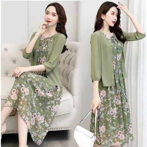 Summer Chiffon Two-Piece Floral Dresses For Women 2021 Half Sleeve Autumn Temperament Cardigan+Dress Female Elegant Green 355