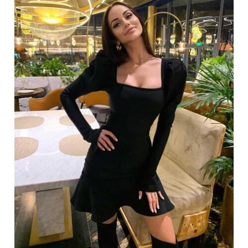 Women Winter Sexy Long Sleeve Square Collar Black Pleated Mini Bodycon Bandage Dress 2021 Elegant Evening Party Dress Vestidos