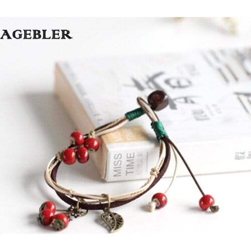 2018 Fashion Bohemia Style Handmade Ceramic Bracelet Red Cherry Pendant Double Layer String Rope Chain Jewelry for Women Girl