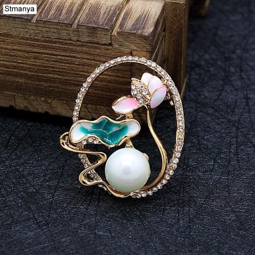 New New lotus pearl Women flower brooch pins badge high end art scarf buckle Rhinestone fashion jewelry H1234