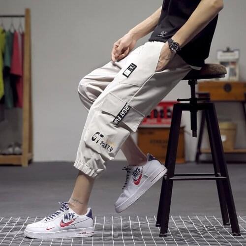 Mens Sports Casual Trousers Joggers Men Cargo Pants Hip Hop Casual Pockets Pants Male Harajuku Medium Length Pants