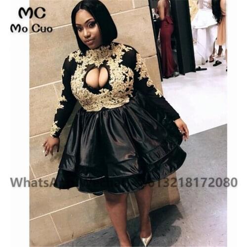 Ball Black Girls African Homecoming dress Short with Gpld Appliques Long Sleeves Cocktail party dress short homecoming dress