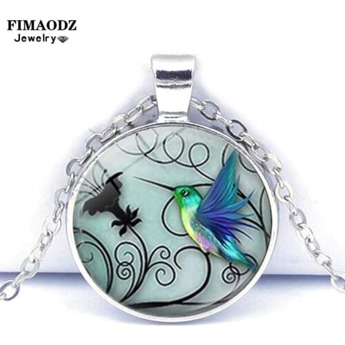 FIMAODZ Hummingbird Necklace Blue Humming Bird Glass Cabochon Pendant Chain Necklaces for Women
