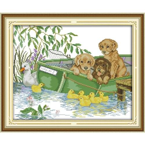 Joy Sunday Three Puppies (2) Cross Stitch Kit 14ct 11ct Counted and Print Fabric Pattern Embroidery DIY Handmade Needlework
