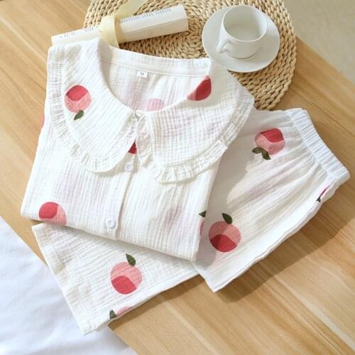 New 100% Cotton Couple Pajama Set Double Layer Crepe Pijamas Women and Men Long Sleeve Pants Sleepwear Soft Breathable Nightwear