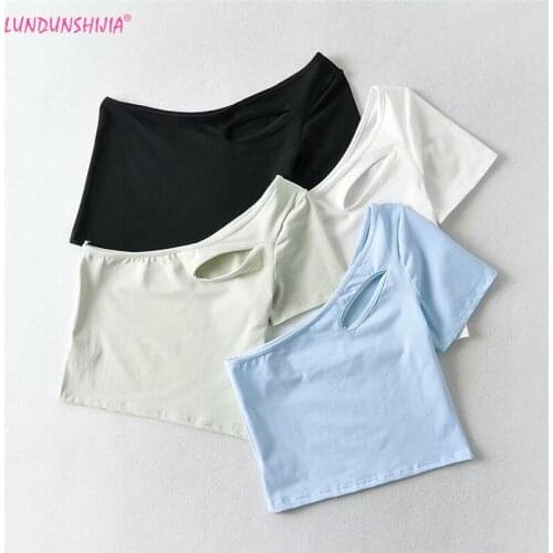 LUNDUNSHIJIA New Ladies Short Sleeve Slim Tee Streetwear Sexy One Shoulder Womens Fashion Hollow Out Crop Top Female T-shirt