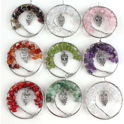 Trendy-beads Silver Plated Wire Wrapped Rose Pink Quartz Inlay Owl Tree Of Life Pendant Amethysts Necklace Tourmaline Jewelry